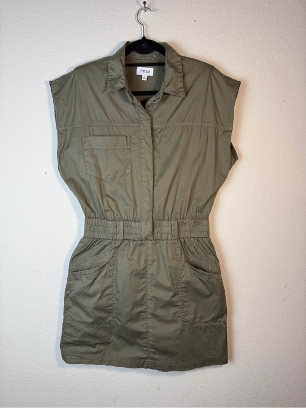 PISTOLA Olive Green Utility Dress M Cotton Blend Mini Shirt Dress Elastic Waist